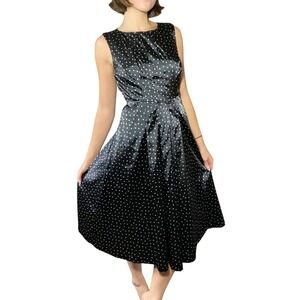 Kristin Davis Vintage Style Navy Polka Dot Satin Pleated Midi Pocket Dress - 4